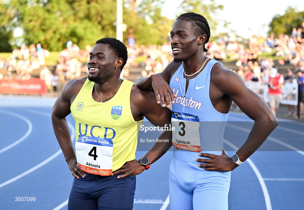 10 July 2026; Sean Aigboboh of Ireland, right, and Bori Akinola of Ireland after competing in the Athletics Leinster men's 100m during the Morton Games at Morton Stadium in Santry, Dublin. Photo by Sam Barnes/Sportsfile