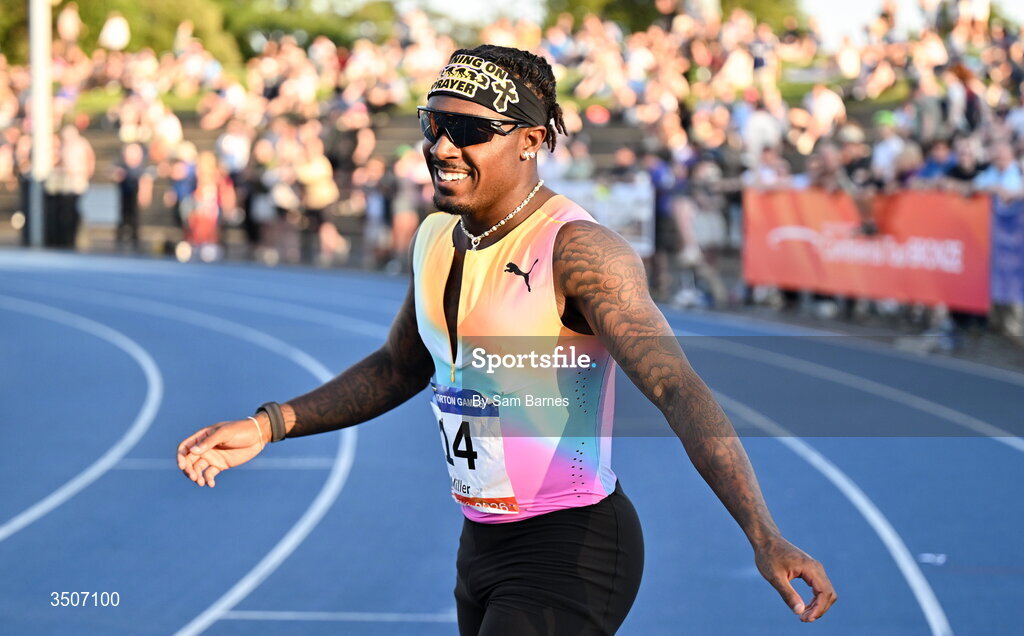 10 July 2026; Christian Miller of United States celebrates after winning the Athletics Leinster men's 100m final during the Morton Games at Morton Stadium in Santry, Dublin. Photo by Sam Barnes/Sportsfile