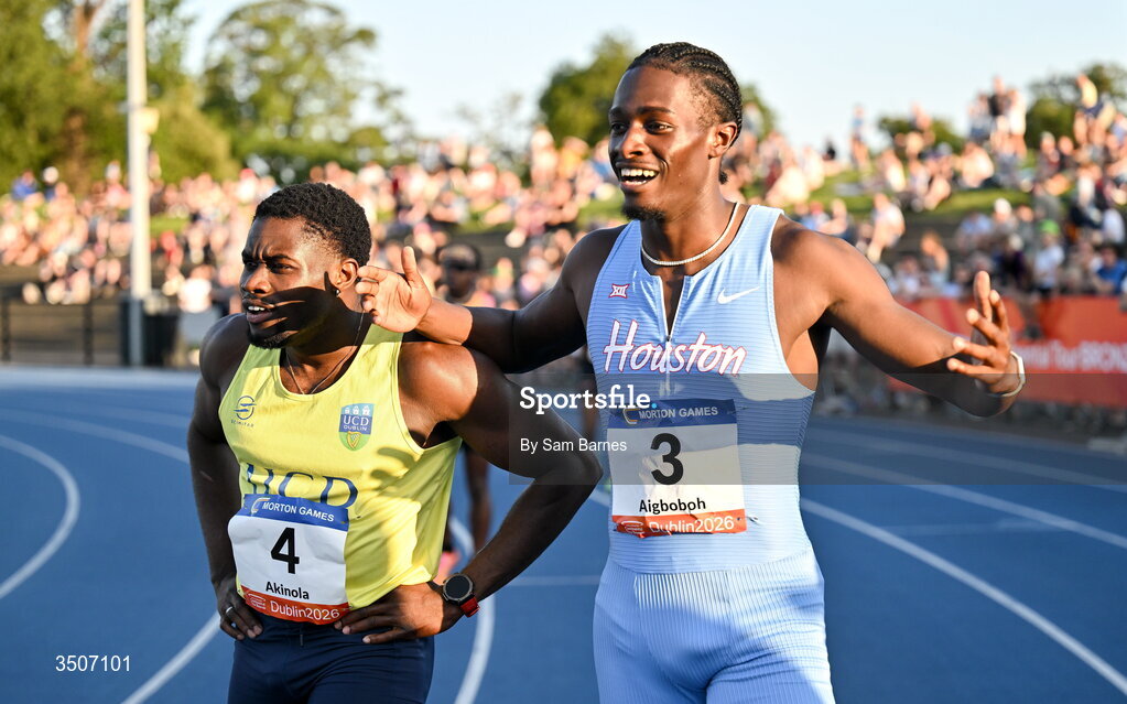 10 July 2026; Sean Aigboboh of Ireland, right, and Bori Akinola of Ireland competes after competing in the Athletics Leinster men's 100m during the Morton Games at Morton Stadium in Santry, Dublin. Photo by Sam Barnes/Sportsfile