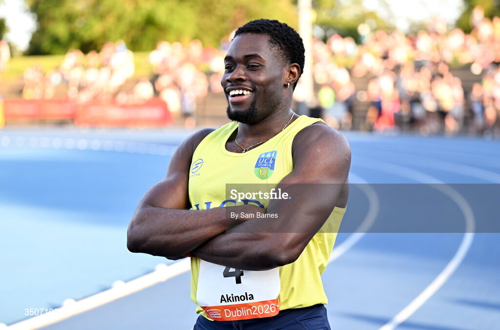 10 July 2026; Bori Akinola of Ireland after competing in the Athletics Leinster men's 100m final during the Morton Games at Morton Stadium in Santry, Dublin. Photo by Sam Barnes/Sportsfile