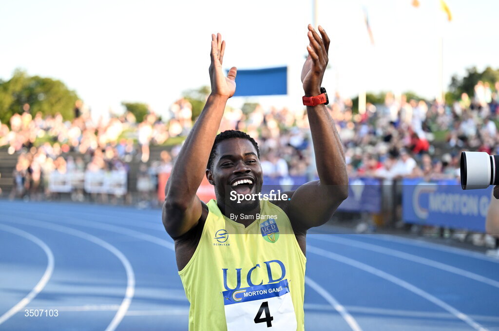 10 July 2026; Bori Akinola of Ireland after competing in the Athletics Leinster men's 100m final during the Morton Games at Morton Stadium in Santry, Dublin. Photo by Sam Barnes/Sportsfile
