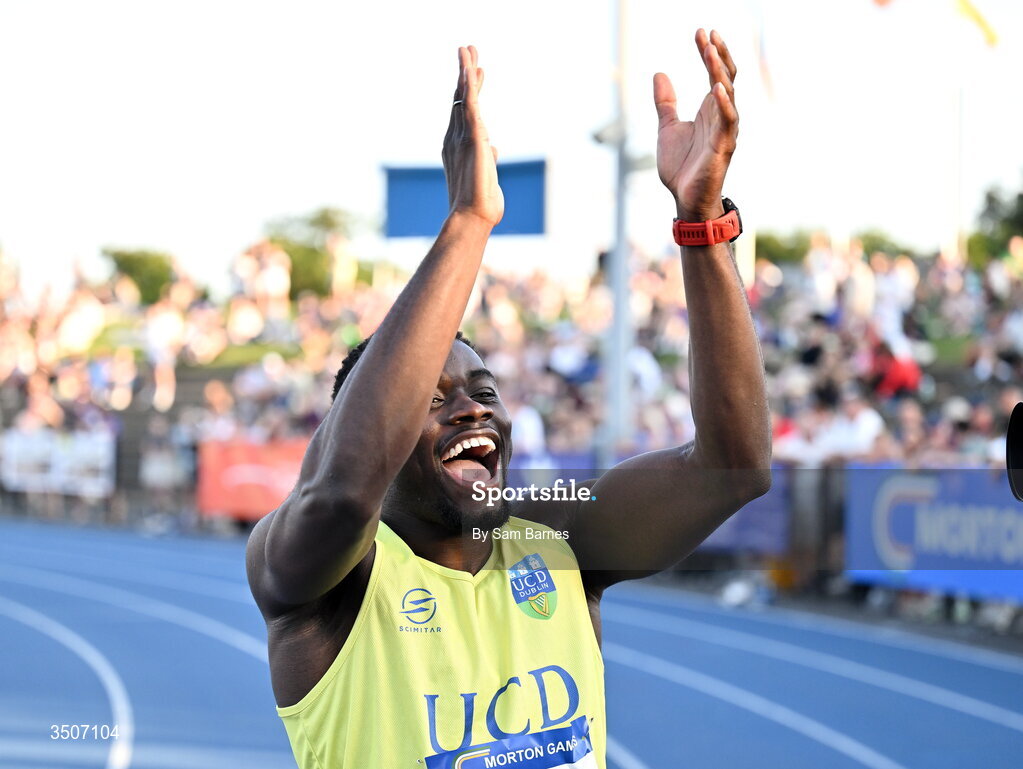 10 July 2026; Bori Akinola of Ireland after competing in the Athletics Leinster men's 100m final during the Morton Games at Morton Stadium in Santry, Dublin. Photo by Sam Barnes/Sportsfile