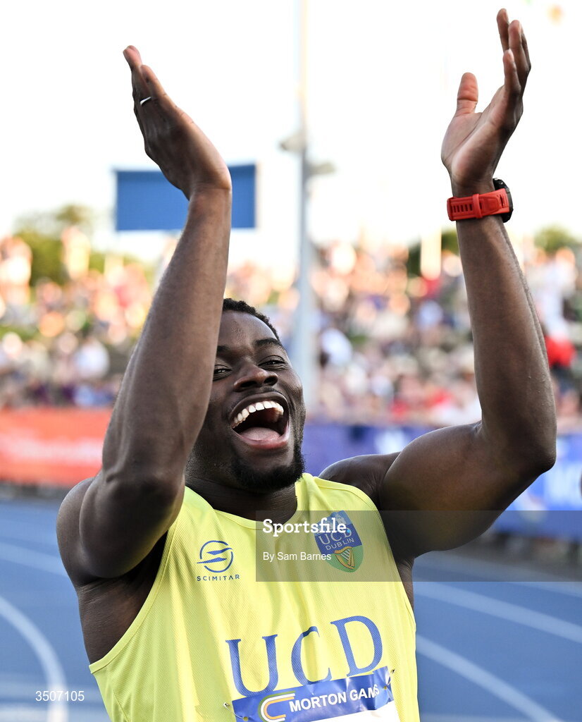 10 July 2026; Bori Akinola of Ireland after competing in the Athletics Leinster men's 100m final during the Morton Games at Morton Stadium in Santry, Dublin. Photo by Sam Barnes/Sportsfile