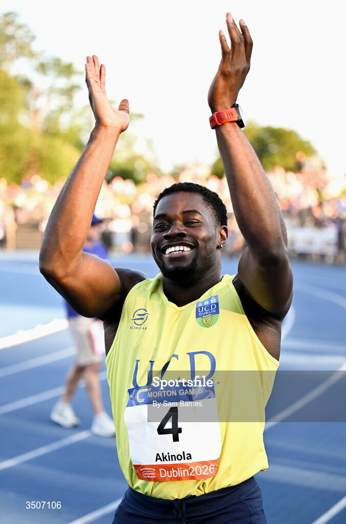 10 July 2026; Bori Akinola of Ireland after competing in the Athletics Leinster men's 100m final during the Morton Games at Morton Stadium in Santry, Dublin. Photo by Sam Barnes/Sportsfile