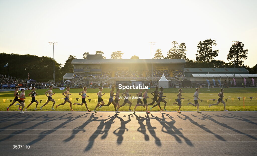 10 July 2026; Athletes compete in the Albie Thomas Family / Dublin Athletics men's 5000m during the Morton Games at Morton Stadium in Santry, Dublin. Photo by Sam Barnes/Sportsfile