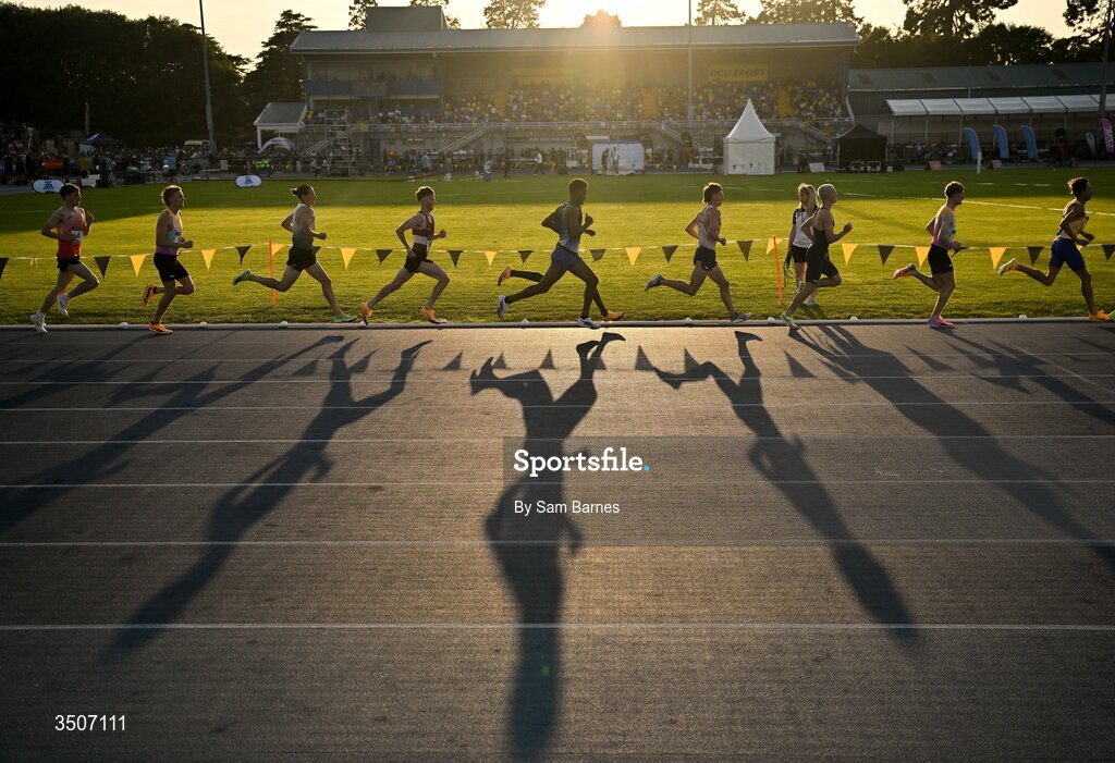 10 July 2026; Athletes compete in the Albie Thomas Family / Dublin Athletics men's 5000m during the Morton Games at Morton Stadium in Santry, Dublin. Photo by Sam Barnes/Sportsfile