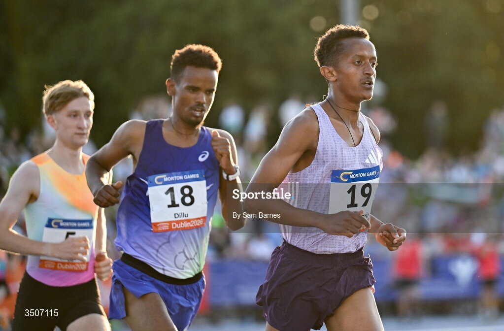 10 July 2026; Aron Gebramariam of Athlete Refugee Team leads the field in the Albie Thomas Family / Dublin Athletics men's 5000m during the Morton Games at Morton Stadium in Santry, Dublin. Photo by Sam Barnes/Sportsfile