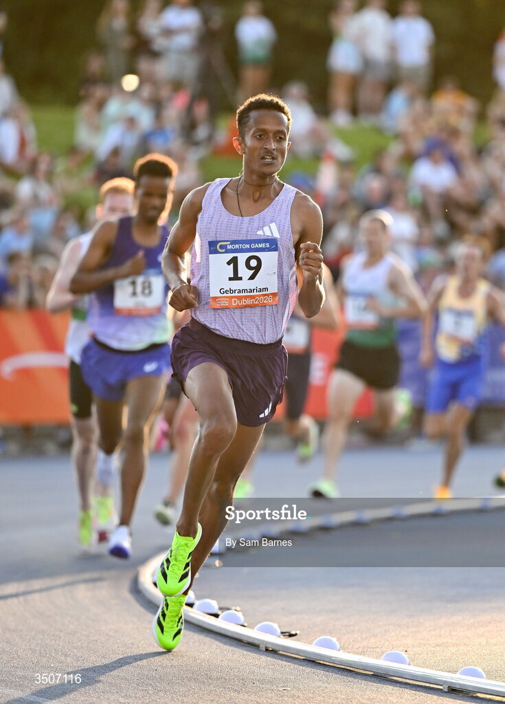 10 July 2026; Aron Gebramariam of Athlete Refugee Team leads the field in the Albie Thomas Family / Dublin Athletics men's 5000m during the Morton Games at Morton Stadium in Santry, Dublin. Photo by Sam Barnes/Sportsfile