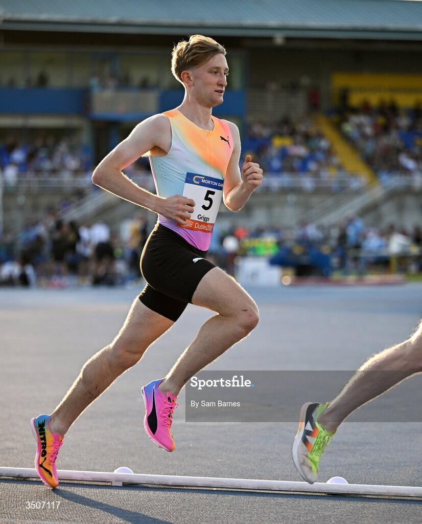 10 July 2026; Nicholas Griggs of Ireland competes in the Albie Thomas Family / Dublin Athletics men's 5000m during the Morton Games at Morton Stadium in Santry, Dublin. Photo by Sam Barnes/Sportsfile