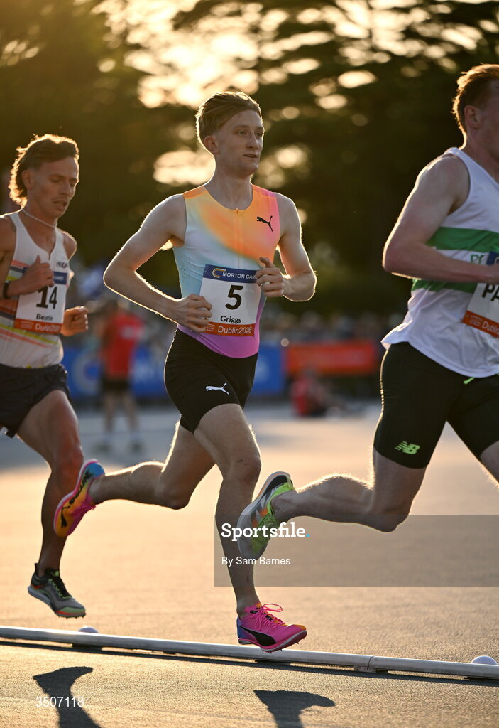 10 July 2026; Nicholas Griggs of Ireland competes in the Albie Thomas Family / Dublin Athletics men's 5000m during the Morton Games at Morton Stadium in Santry, Dublin. Photo by Sam Barnes/Sportsfile