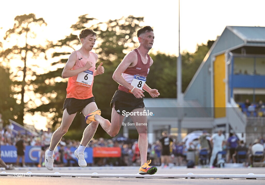 10 July 2026; Jack O'Leary, right, and Callum Morgan of Ireland compete in the Albie Thomas Family / Dublin Athletics men's 5000m during the Morton Games at Morton Stadium in Santry, Dublin. Photo by Sam Barnes/Sportsfile