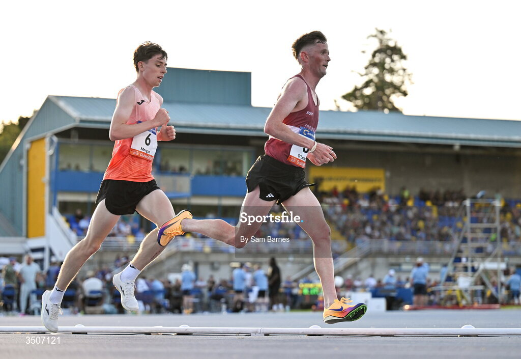 10 July 2026; Jack O'Leary, right, and Callum Morgan of Ireland compete in the Albie Thomas Family / Dublin Athletics men's 5000m during the Morton Games at Morton Stadium in Santry, Dublin. Photo by Sam Barnes/Sportsfile