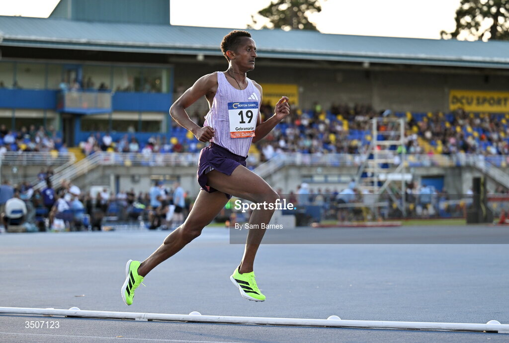 10 July 2026; Aron Gebramariam of Athlete Refugee Team competes in the / during the Morton Games at Morton Stadium in Santry, Dublin. Photo by Sam Barnes/Sportsfile
