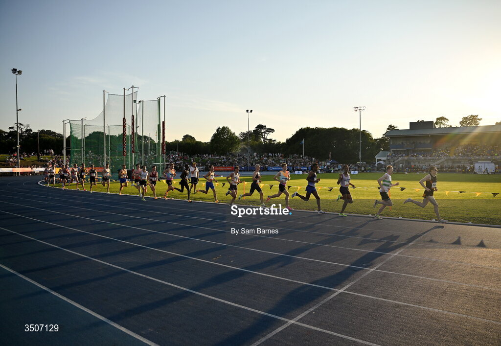 10 July 2026; Athletes compete in the Albie Thomas Family / Dublin Athletics men's 5000m during the Morton Games at Morton Stadium in Santry, Dublin. Photo by Sam Barnes/Sportsfile