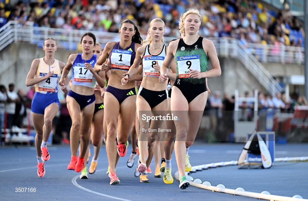 10 July 2026; Jolanda Kallabis of Germany leads the field in the Fashionflo women's 1500m during the Morton Games at Morton Stadium in Santry, Dublin. Photo by Sam Barnes/Sportsfile