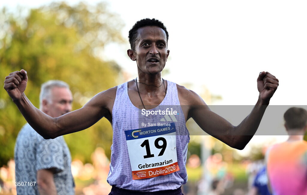 10 July 2026; Aron Gebramariam of Athlete Refugee Team celebrates after winning the Albie Thomas Family / Dublin Athletics men's 5000m during the Morton Games at Morton Stadium in Santry, Dublin. Photo by Sam Barnes/Sportsfile