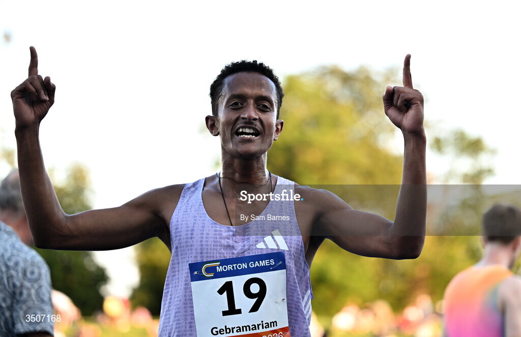 10 July 2026; Aron Gebramariam of Athlete Refugee Team celebrates after winning the Albie Thomas Family / Dublin Athletics men's 5000m during the Morton Games at Morton Stadium in Santry, Dublin. Photo by Sam Barnes/Sportsfile