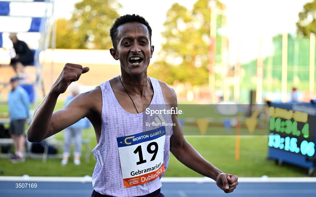 10 July 2026; Aron Gebramariam of Athlete Refugee Team celebrates after winning the Albie Thomas Family / Dublin Athletics men's 5000m during the Morton Games at Morton Stadium in Santry, Dublin. Photo by Sam Barnes/Sportsfile