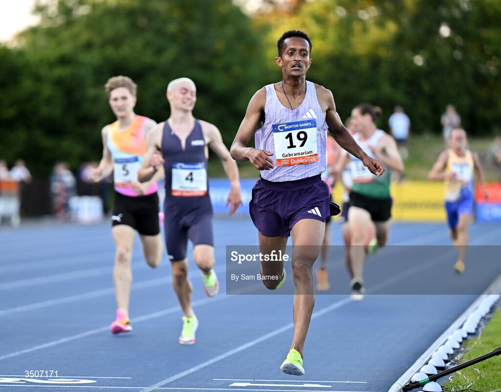10 July 2026; Aron Gebramariam of Athlete Refugee Team crosses the finish line to win the Albie Thomas Family / Dublin Athletics men's 5000m during the Morton Games at Morton Stadium in Santry, Dublin. Photo by Sam Barnes/Sportsfile