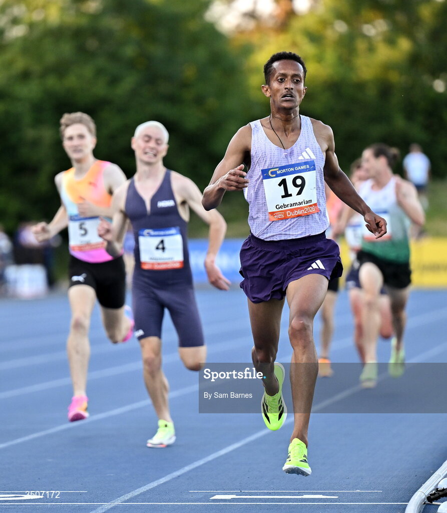 10 July 2026; Aron Gebramariam of Athlete Refugee Team crosses the finish line to win the Albie Thomas Family / Dublin Athletics men's 5000m during the Morton Games at Morton Stadium in Santry, Dublin. Photo by Sam Barnes/Sportsfile