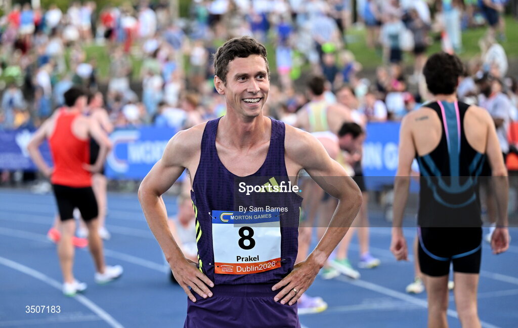 10 July 2026; Sam Prakel of United States after winning the UPMC SSC Men's Morton Mile during the Morton Games at Morton Stadium in Santry, Dublin. Photo by Sam Barnes/Sportsfile