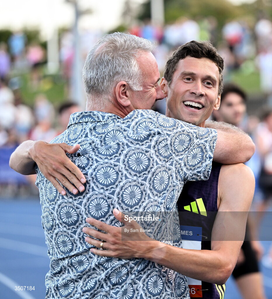10 July 2026; Sam Prakel of United States with Meet director Noel Guiden after winning the UPMC SSC Men's Morton Mile during the Morton Games at Morton Stadium in Santry, Dublin. Photo by Sam Barnes/Sportsfile