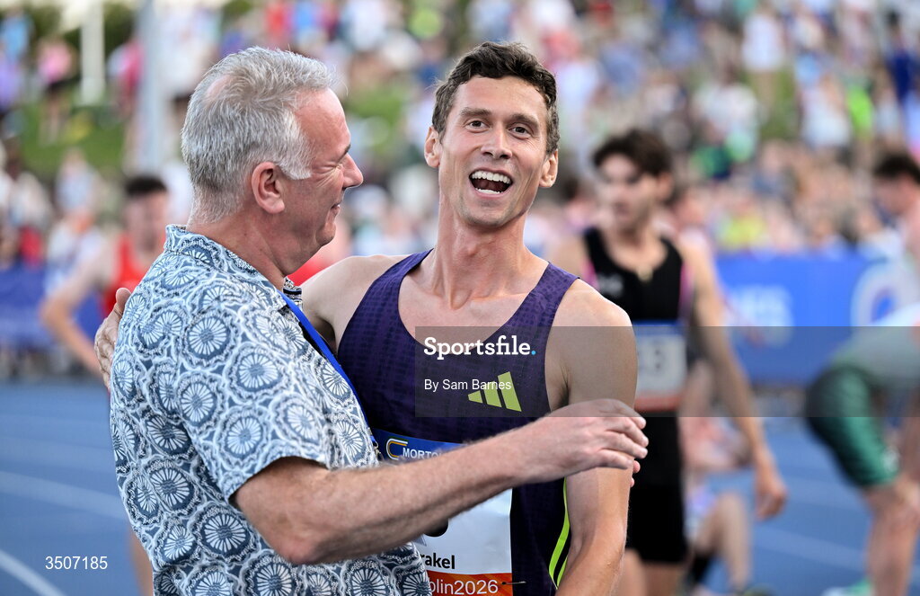 10 July 2026; Sam Prakel of United States with Meet director Noel Guiden after winning the UPMC SSC Men's Morton Mile during the Morton Games at Morton Stadium in Santry, Dublin. Photo by Sam Barnes/Sportsfile
