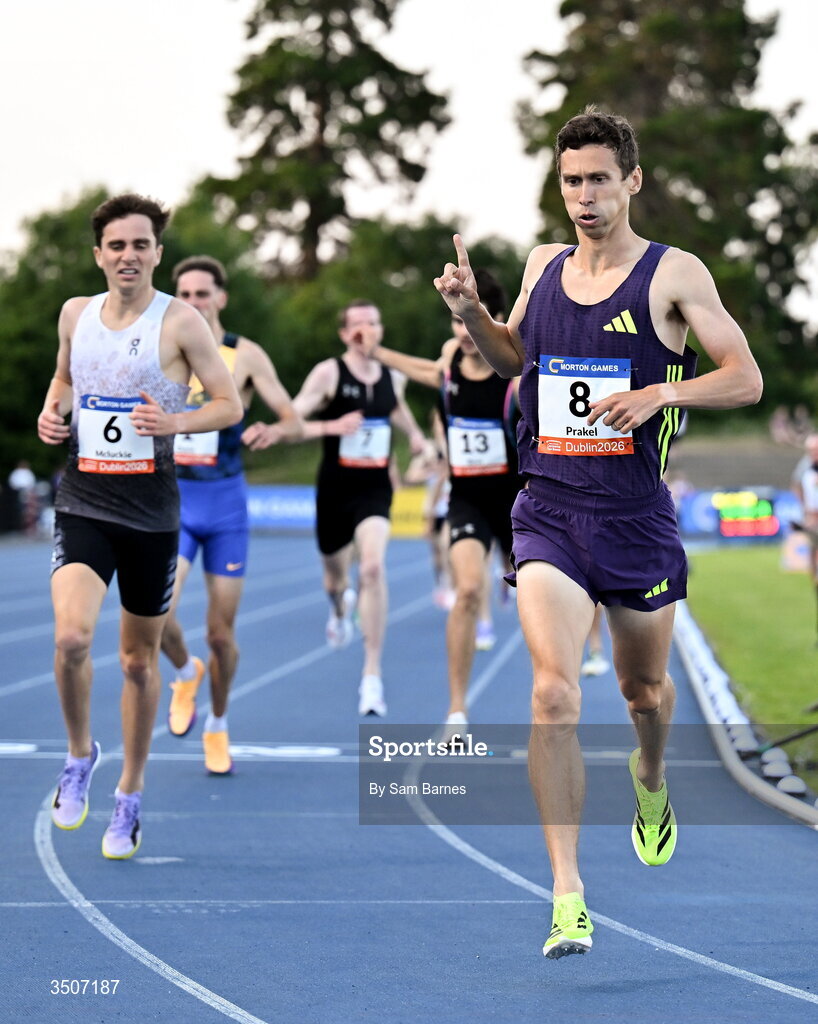 10 July 2026; Sam Prakel of United States after winning the UPMC SSC Men's Morton Mile during the Morton Games at Morton Stadium in Santry, Dublin. Photo by Sam Barnes/Sportsfile
