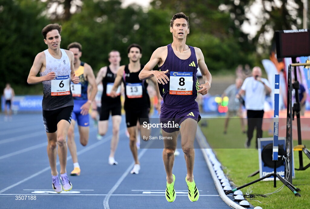 10 July 2026; Sam Prakel of United States after winning the UPMC SSC Men's Morton Mile during the Morton Games at Morton Stadium in Santry, Dublin. Photo by Sam Barnes/Sportsfile