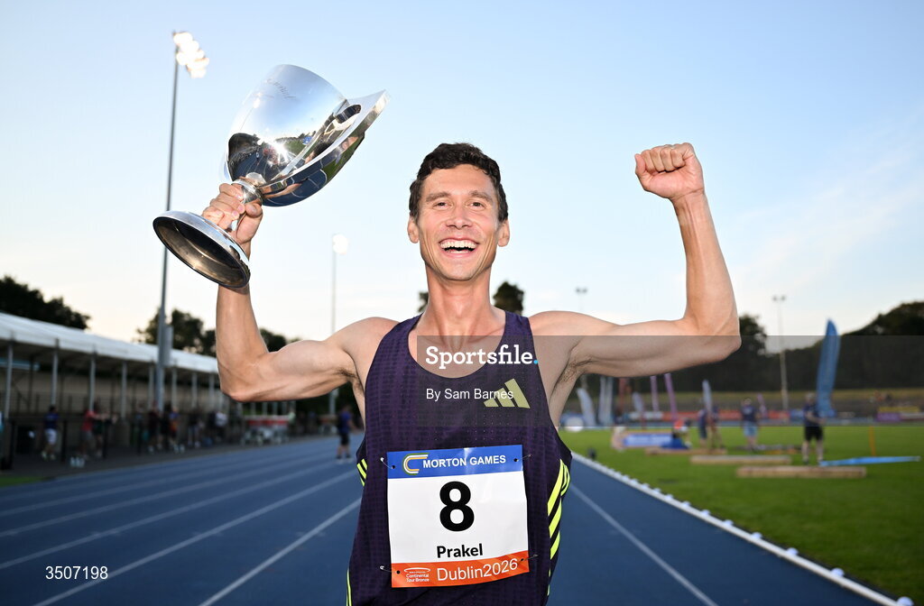 10 July 2026; Sam Prakel of United States celebrates with the trophy after winning the UPMC SSC Men's Morton Mile during the Morton Games at Morton Stadium in Santry, Dublin. Photo by Sam Barnes/Sportsfile