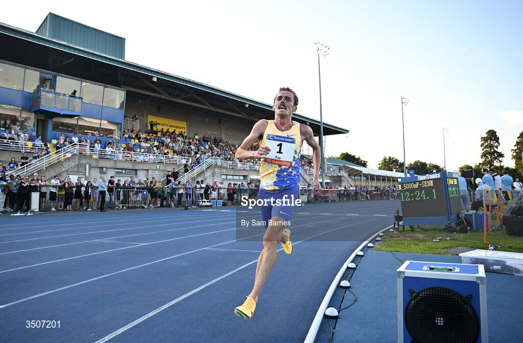10 July 2026; Brian Fay of Ireland competes in the Albie Thomas Family / Dublin Athletics men's 5000m during the Morton Games at Morton Stadium in Santry, Dublin. Photo by Sam Barnes/Sportsfile