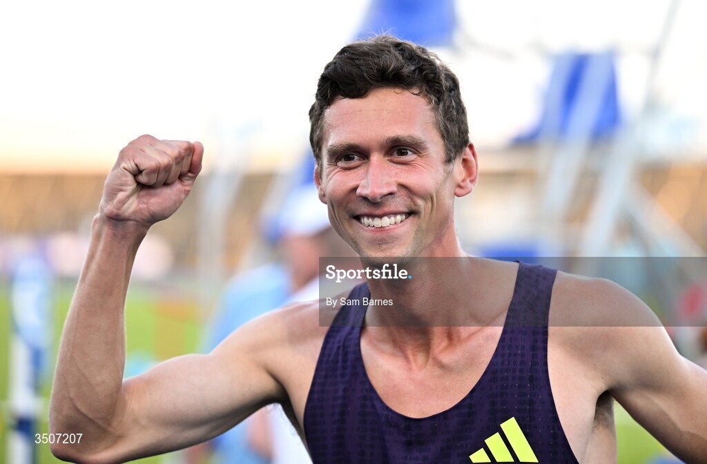 10 July 2026; Sam Prakel of United States after winning the UPMC SSC Men's Morton Mile during the Morton Games at Morton Stadium in Santry, Dublin. Photo by Sam Barnes/Sportsfile