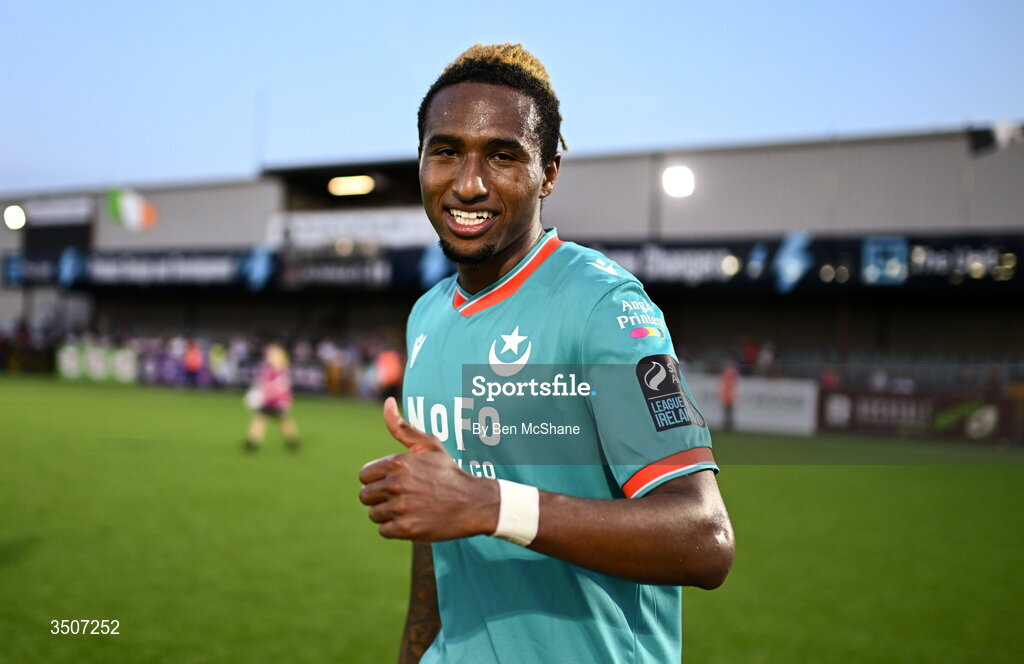 10 July 2026; Jason Bucknor of Drogheda United celebrates after the SSE Airtricity Men’s Premier Division match between Dundalk and Drogheda United at Oriel Park in Dundalk, Louth. Photo by Ben McShane/Sportsfile