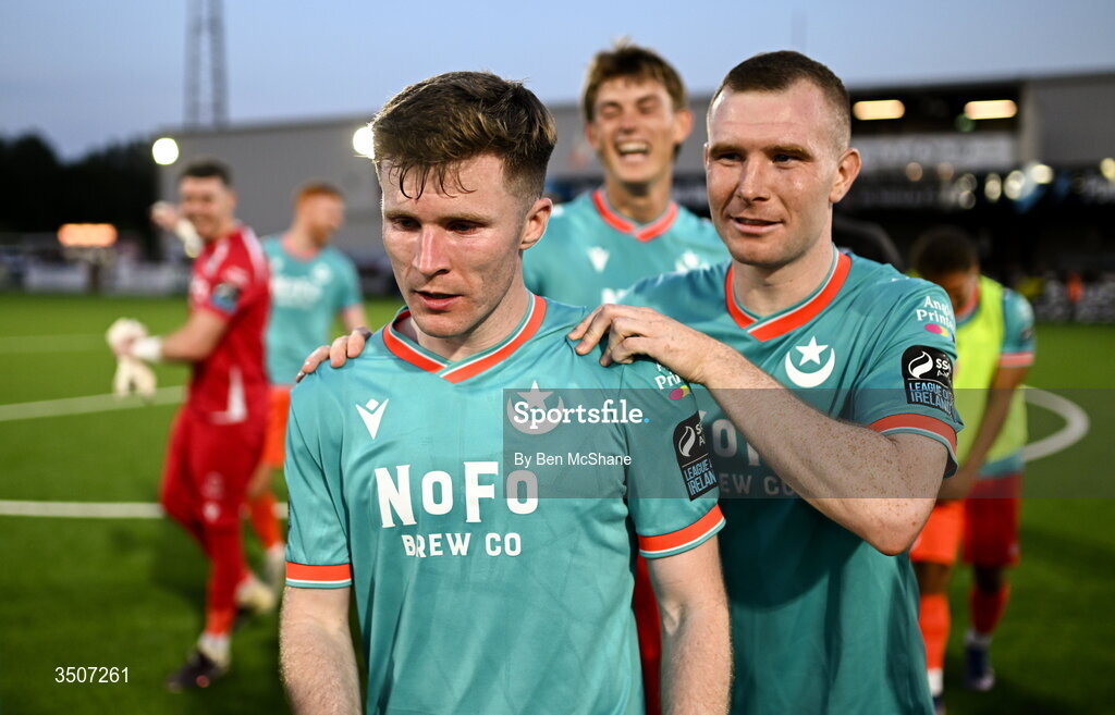10 July 2026; Conor Kane, left, and Mark Doyle of Drogheda United celebrate after the SSE Airtricity Men’s Premier Division match between Dundalk and Drogheda United at Oriel Park in Dundalk, Louth. Photo by Ben McShane/Sportsfile