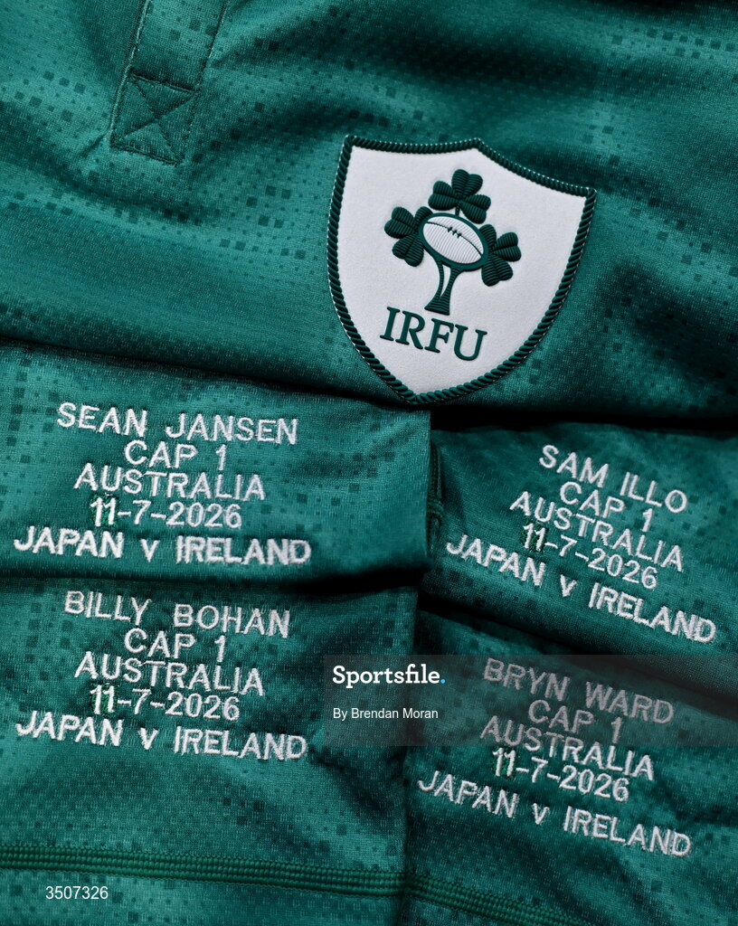 11 July 2026; The jersey of debutants Sean Jansen, Sam Illo, Bryn Ward and Billy Bohan in the Ireland dressingroom before the 2026 Nations Championship Round Two match between Japan and Ireland at McDonald Jones Stadium in Newcastle, Australia. Photo by Brendan Moran/Sportsfile