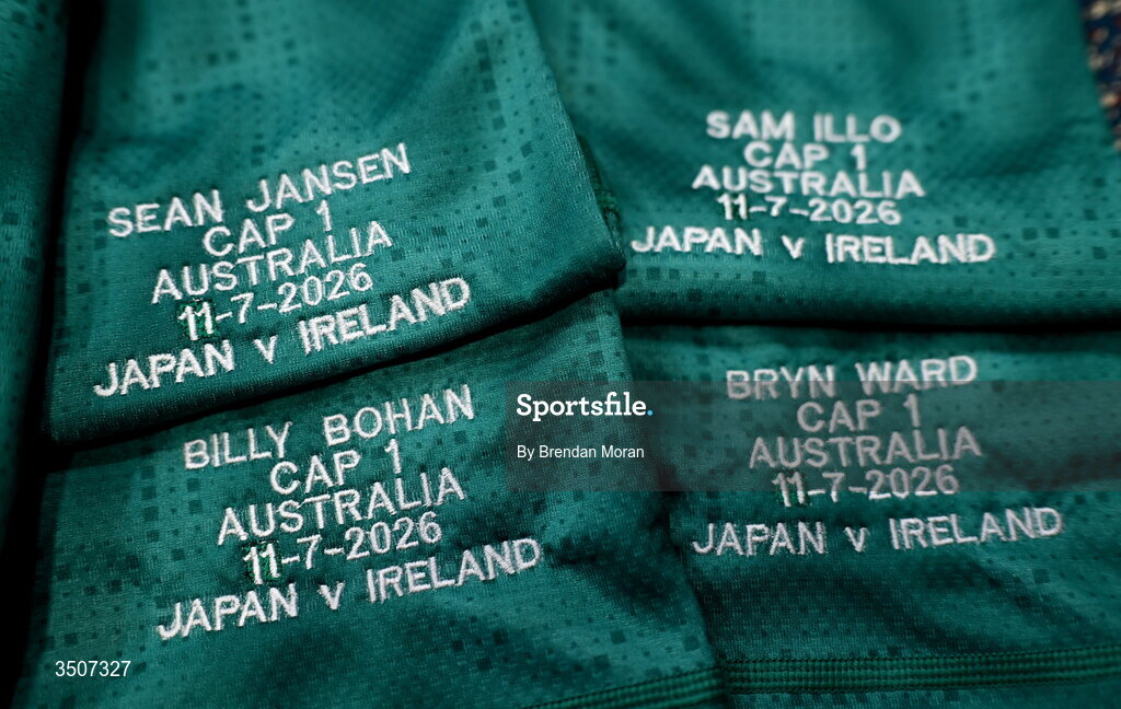 11 July 2026; The jersey of debutants Sean Jansen, Sam Illo, Bryn Ward and Billy Bohan in the Ireland dressingroom before the 2026 Nations Championship Round Two match between Japan and Ireland at McDonald Jones Stadium in Newcastle, Australia. Photo by Brendan Moran/Sportsfile