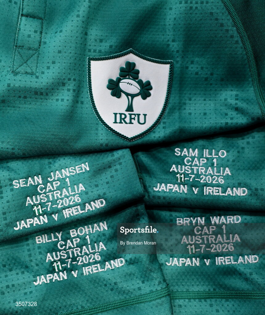 11 July 2026; The jersey of debutants Sean Jansen, Sam Illo, Bryn Ward and Billy Bohan in the Ireland dressingroom before the 2026 Nations Championship Round Two match between Japan and Ireland at McDonald Jones Stadium in Newcastle, Australia. Photo by Brendan Moran/Sportsfile