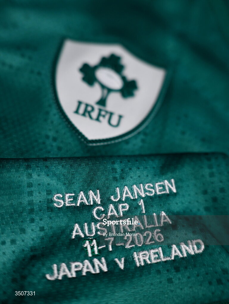 11 July 2026; The jersey of debutant Sean Jansen in the Ireland dressingroom before the 2026 Nations Championship Round Two match between Japan and Ireland at McDonald Jones Stadium in Newcastle, Australia. Photo by Brendan Moran/Sportsfile