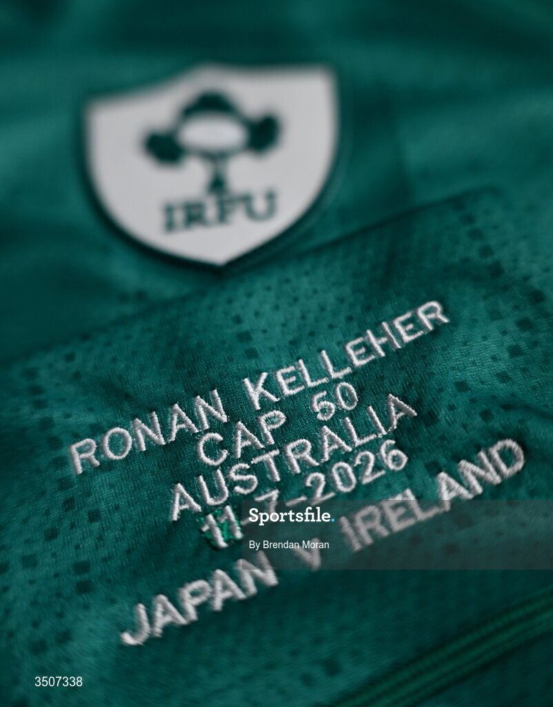 11 July 2026; The jersey of Rónan Kelleher, who earns his 50th cap today, in the Ireland dressingroom before the 2026 Nations Championship Round Two match between Japan and Ireland at McDonald Jones Stadium in Newcastle, Australia. Photo by Brendan Moran/Sportsfile