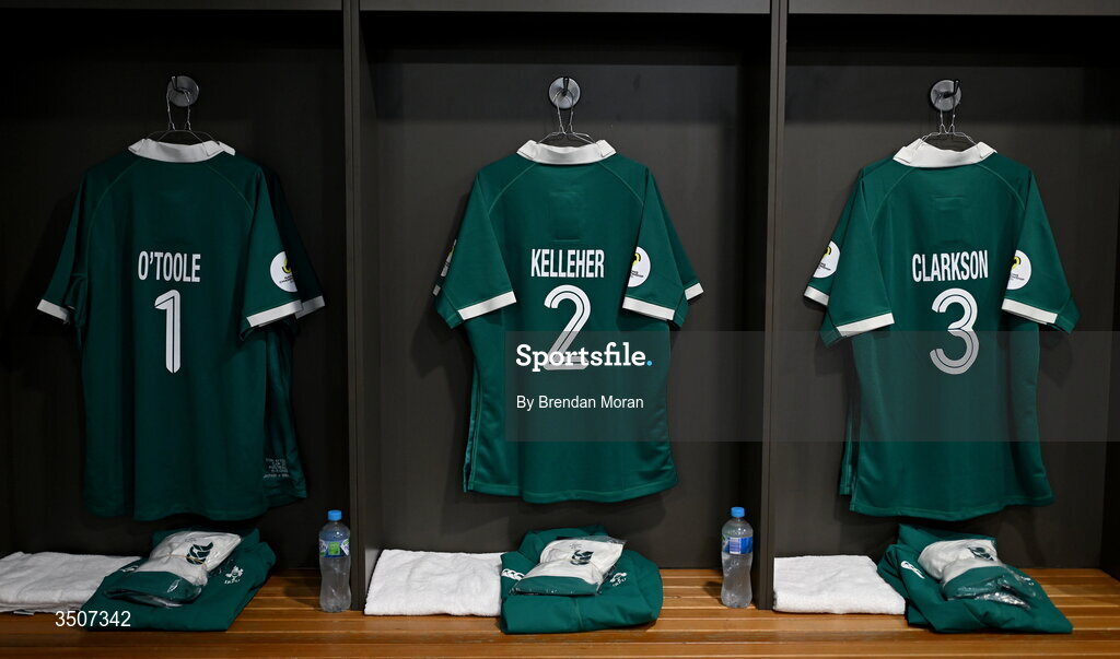11 July 2026; The jerseys of Tom O’Toole, Rónan Kelleher and Thomas Clarkson in the Ireland dressingroom before the 2026 Nations Championship Round Two match between Japan and Ireland at McDonald Jones Stadium in Newcastle, Australia. Photo by Brendan Moran/Sportsfile