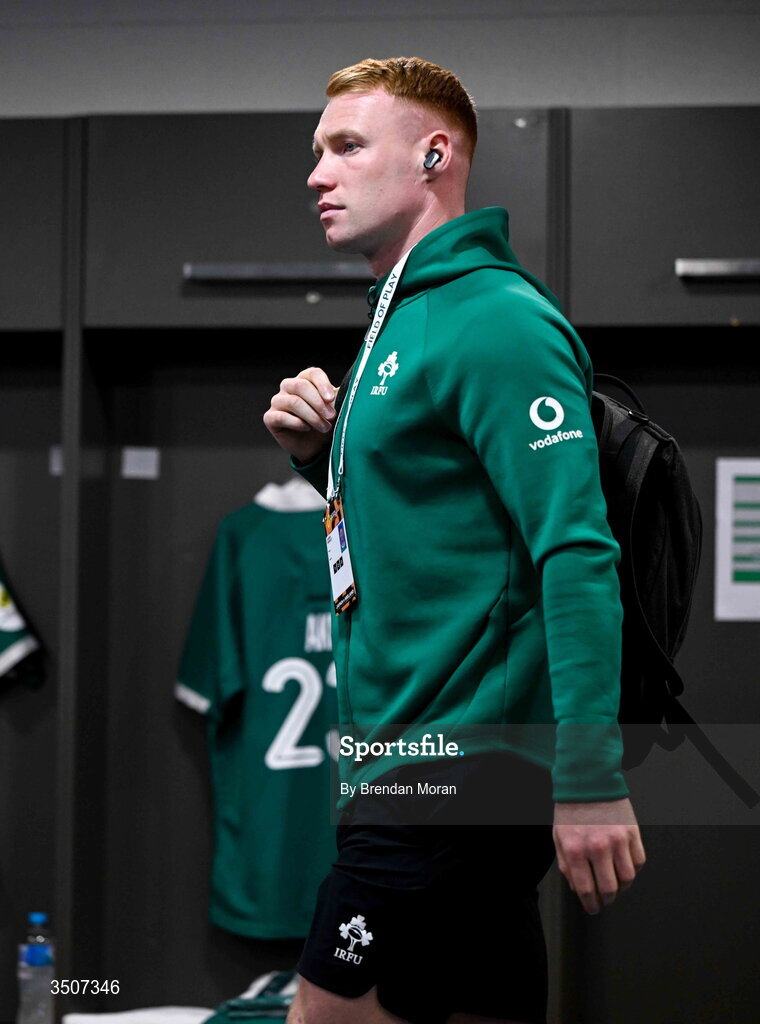 11 July 2026; Ciarán Frawley of Ireland before the 2026 Nations Championship Round Two match between Japan and Ireland at McDonald Jones Stadium in Newcastle, Australia. Photo by Brendan Moran/Sportsfile