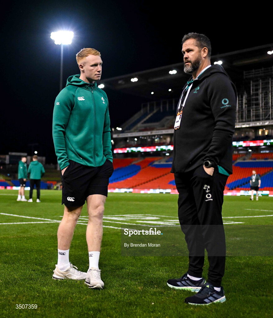 11 July 2026; Ciarán Frawley of Ireland with Ireland head coach Andy Farrell before the 2026 Nations Championship Round Two match between Japan and Ireland at McDonald Jones Stadium in Newcastle, Australia. Photo by Brendan Moran/Sportsfile