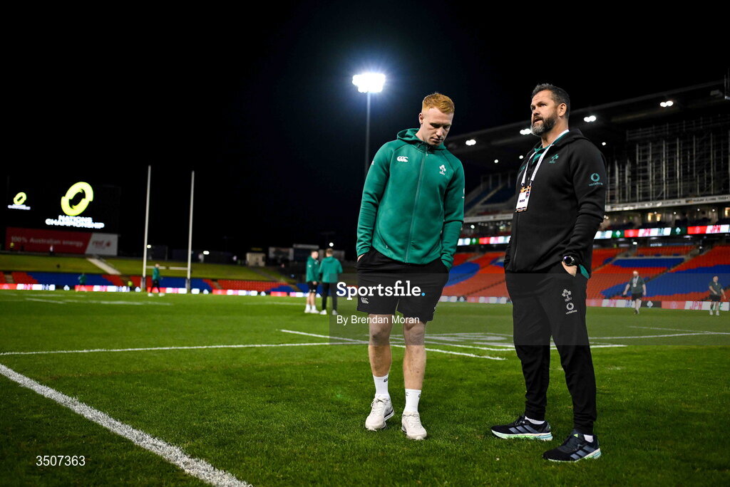 11 July 2026; Ciarán Frawley of Ireland with Ireland head coach Andy Farrell before the 2026 Nations Championship Round Two match between Japan and Ireland at McDonald Jones Stadium in Newcastle, Australia. Photo by Brendan Moran/Sportsfile