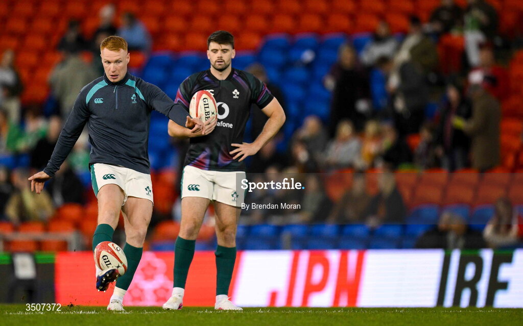 11 July 2026; Ciarán Frawley, left, and Harry Byrne of Ireland during the 2026 Nations Championship Round Two match between Japan and Ireland at McDonald Jones Stadium in Newcastle, Australia. Photo by Brendan Moran/Sportsfile
