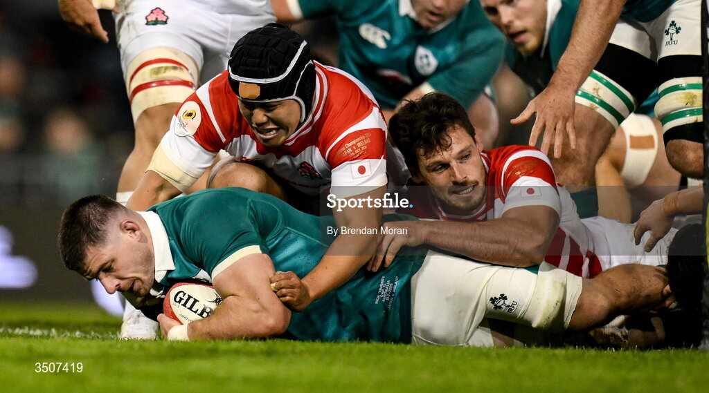 11 July 2026; Nick Timoney of Ireland scores his side's first try during the 2026 Nations Championship Round Two match between Japan and Ireland at McDonald Jones Stadium in Newcastle, Australia. Photo by Brendan Moran/Sportsfile