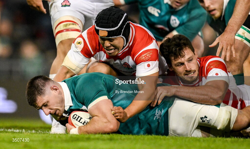 11 July 2026; Nick Timoney of Ireland scores his side's first try during the 2026 Nations Championship Round Two match between Japan and Ireland at McDonald Jones Stadium in Newcastle, Australia. Photo by Brendan Moran/Sportsfile