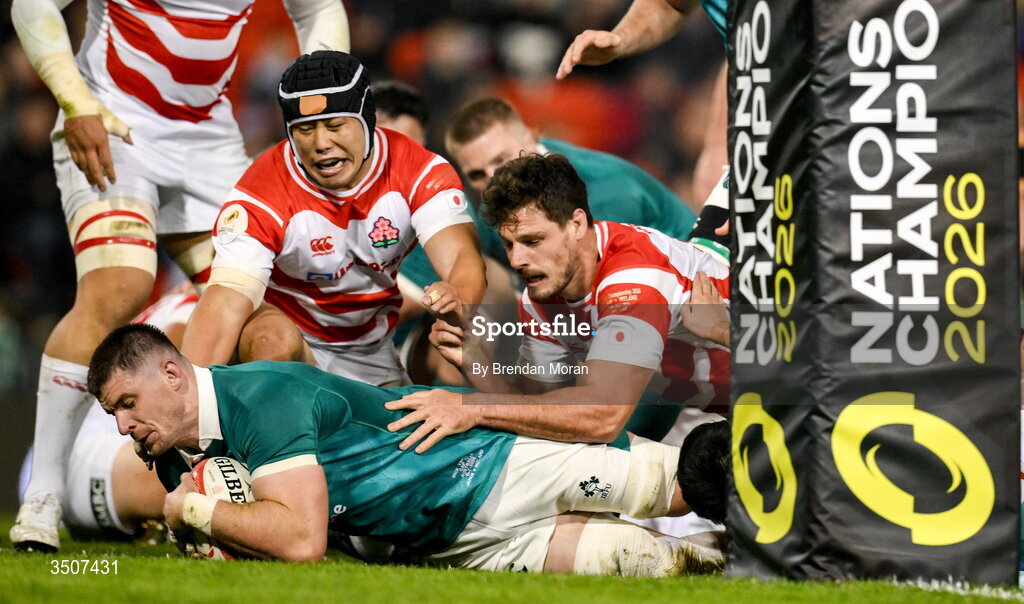 11 July 2026; Nick Timoney of Ireland scores his side's first try during the 2026 Nations Championship Round Two match between Japan and Ireland at McDonald Jones Stadium in Newcastle, Australia. Photo by Brendan Moran/Sportsfile