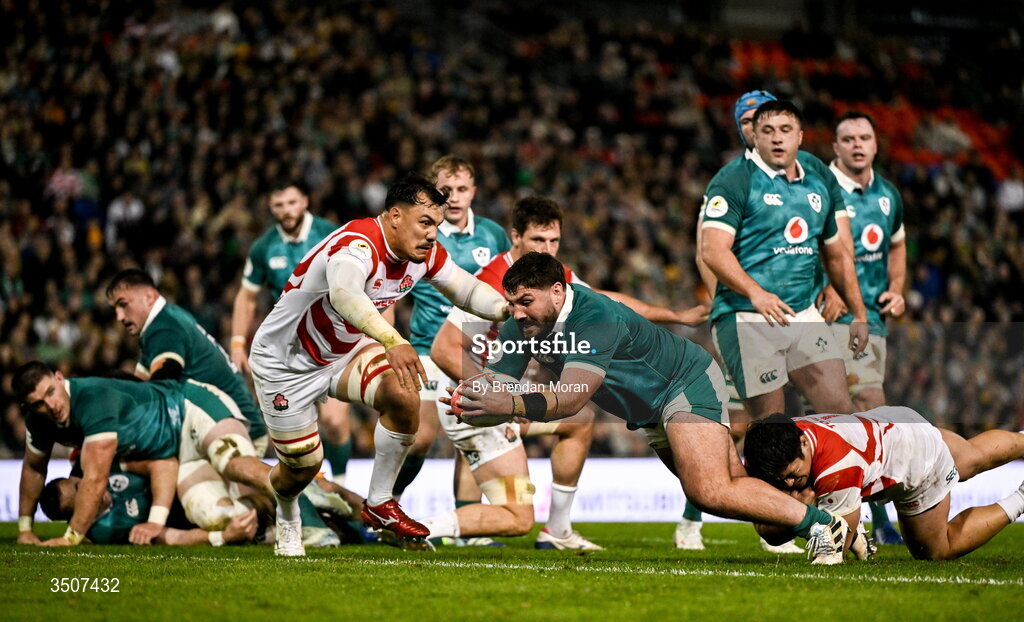 11 July 2026; Tom O’Toole of Ireland dives over to score his side's second try during the 2026 Nations Championship Round Two match between Japan and Ireland at McDonald Jones Stadium in Newcastle, Australia. Photo by Brendan Moran/Sportsfile