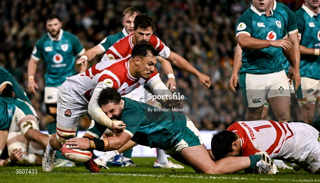 11 July 2026; Tom O’Toole of Ireland dives over to score his side's second try during the 2026 Nations Championship Round Two match between Japan and Ireland at McDonald Jones Stadium in Newcastle, Australia. Photo by Brendan Moran/Sportsfile