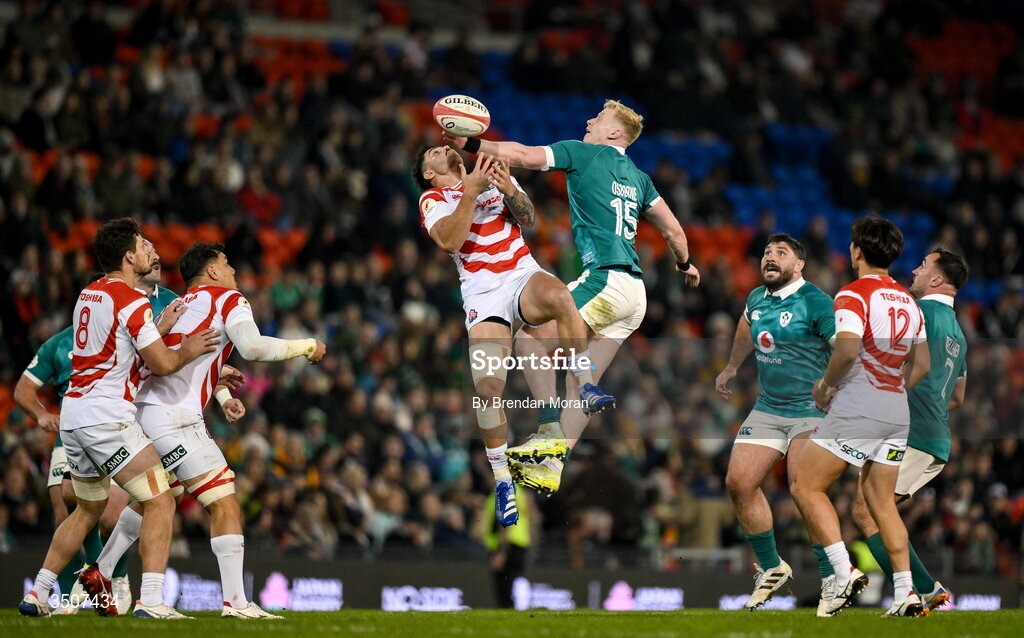 11 July 2026; Jamie Osborne of Ireland in action against Dylan Riley of Japan during the 2026 Nations Championship Round Two match between Japan and Ireland at McDonald Jones Stadium in Newcastle, Australia. Photo by Brendan Moran/Sportsfile